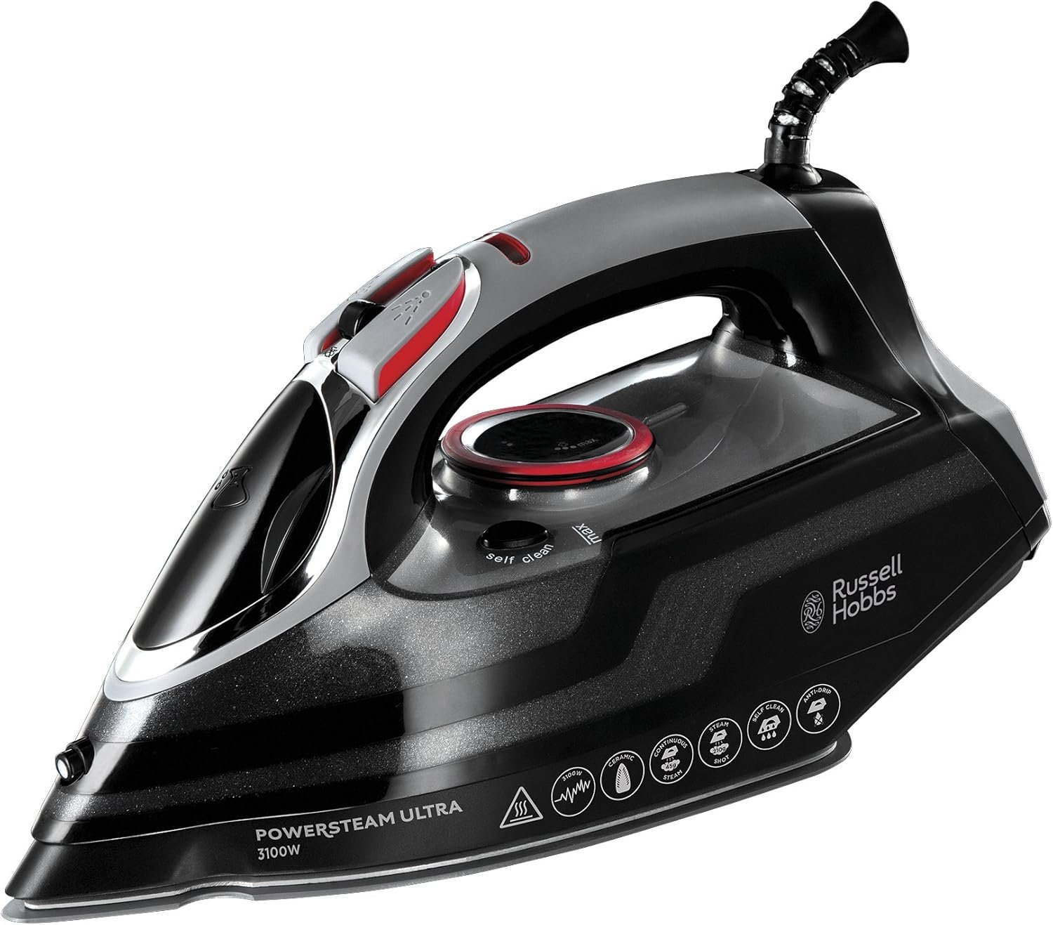 Russell Hobbs Steam Iron [3100W, 210 g/min extra steam boost, 70 g/min steam] Power Steam (350ml, ceramic soleplate, self-cleaning & spray water function, anti-limescale, drip stop) 20630
