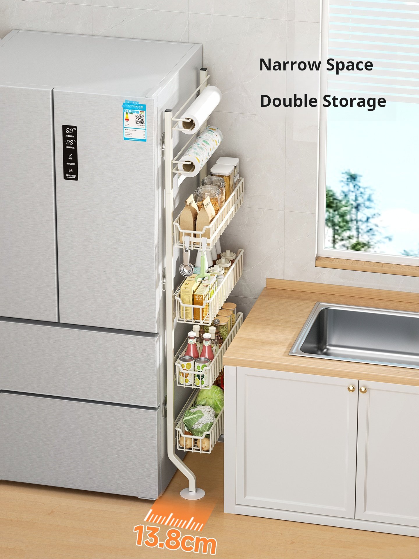 Refrigerator Side Storage Rack – No-Drill, Wall-Hugging, Multi-Layer Slim Kitchen Spice Organizer