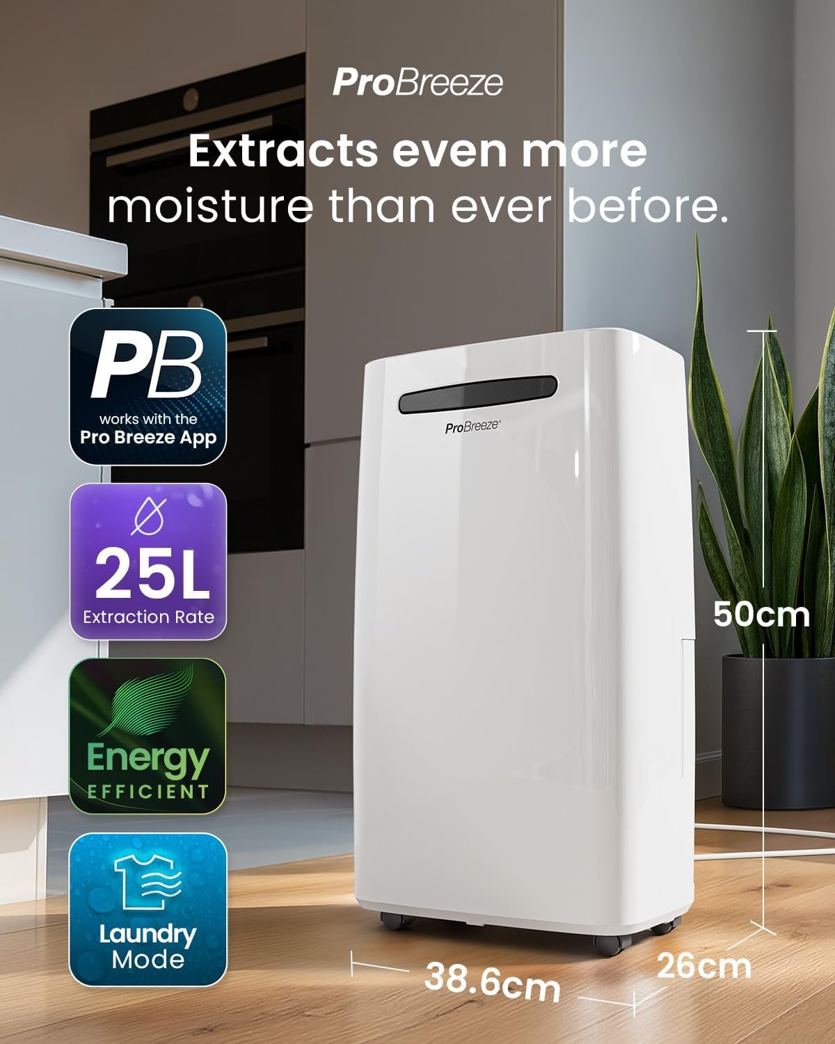 Pro Breeze® 25L/Day Smart Dehumidifier with Digital Humidity Display, Wi-Fi, Sleep Mode, Continuous Drainage, Laundry Drying and 24 Hour Timer - Ideal for Damp and Condensation